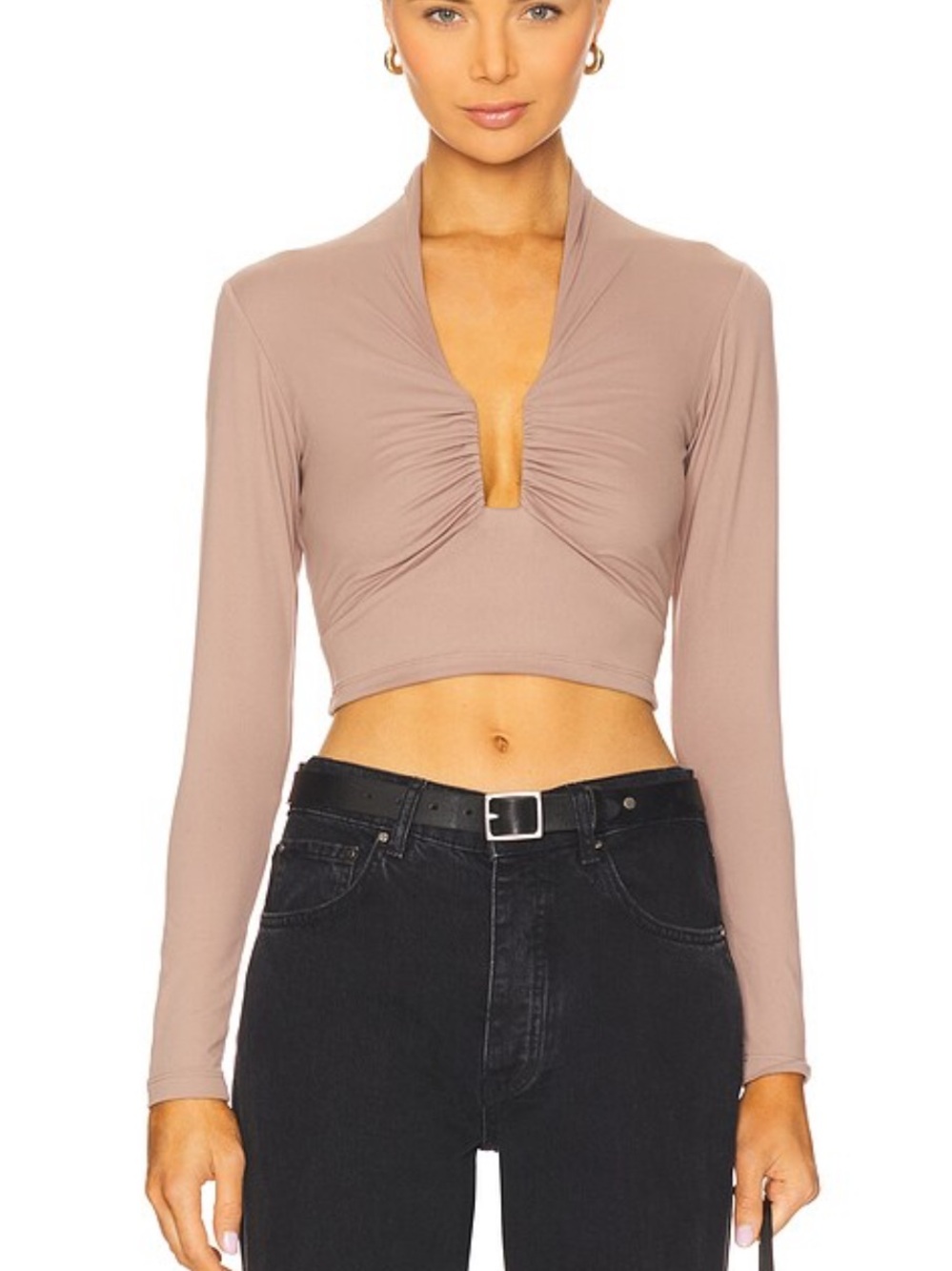 Susana Monaco Square Wire Plunge Long Sleeve Top in Coco Tan size large